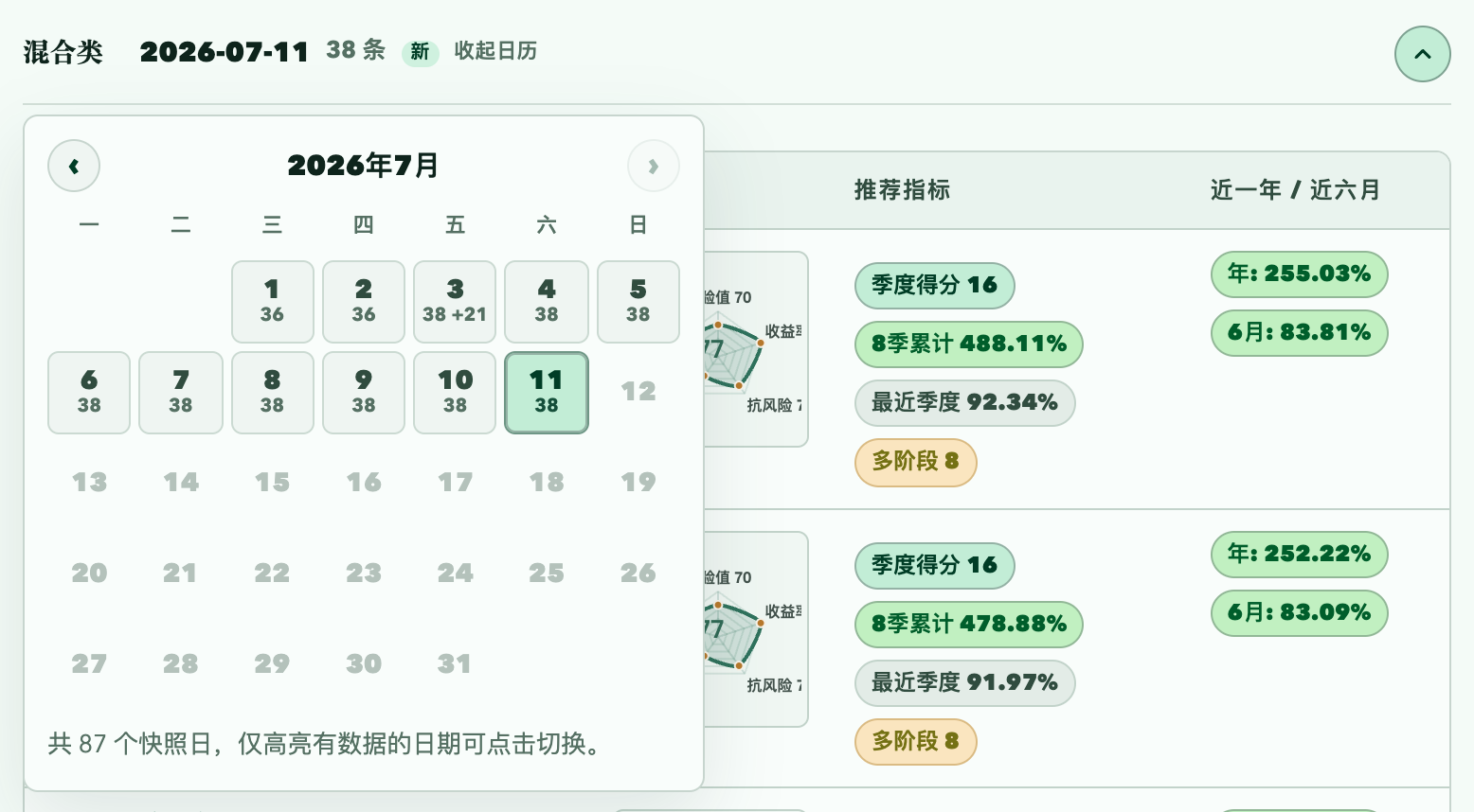 FundMaster 展开后的快照日期日历，按日期回溯历史推荐