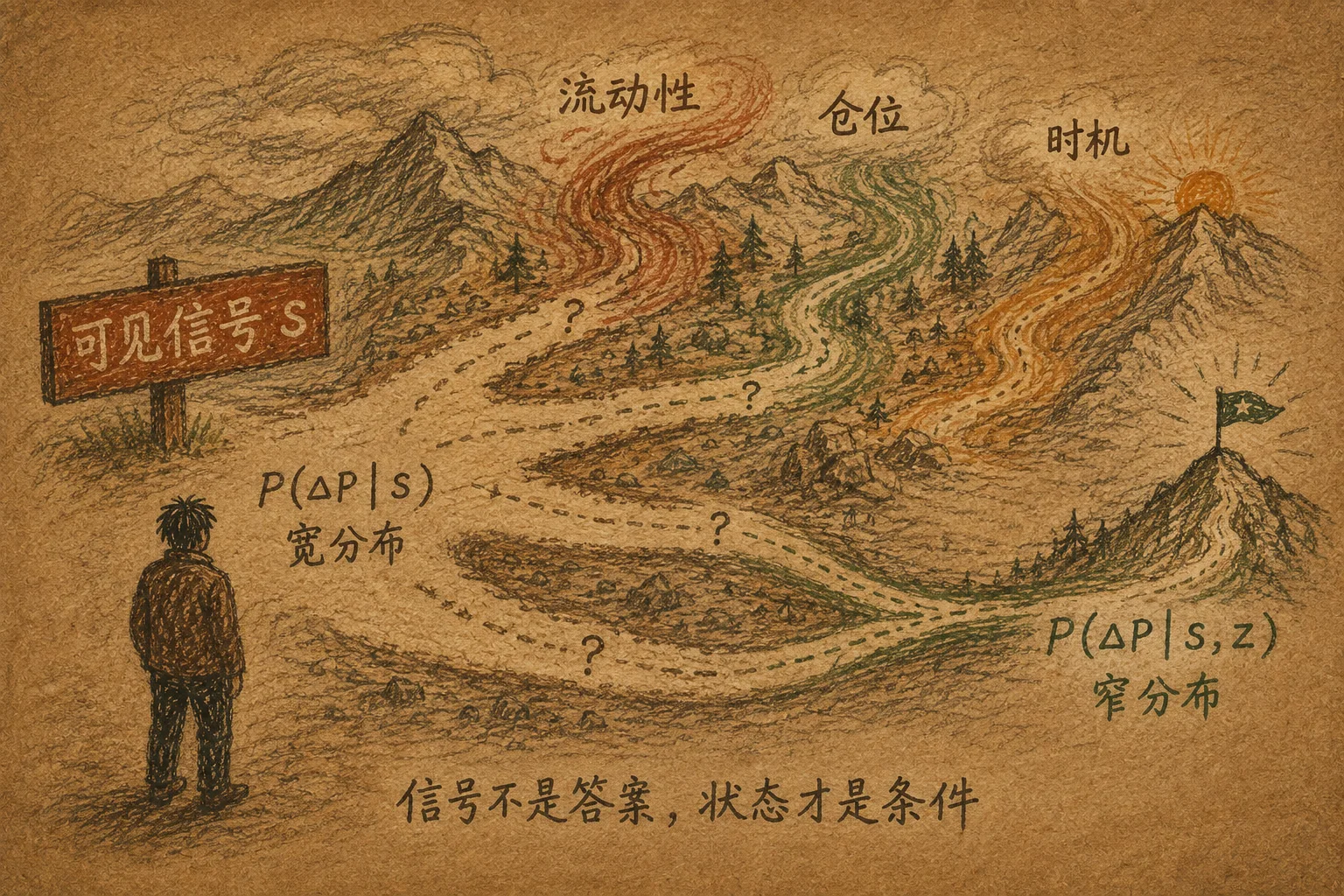手绘图对比只观察信号与同时观察流动性、仓位和时机时的收益分布宽度