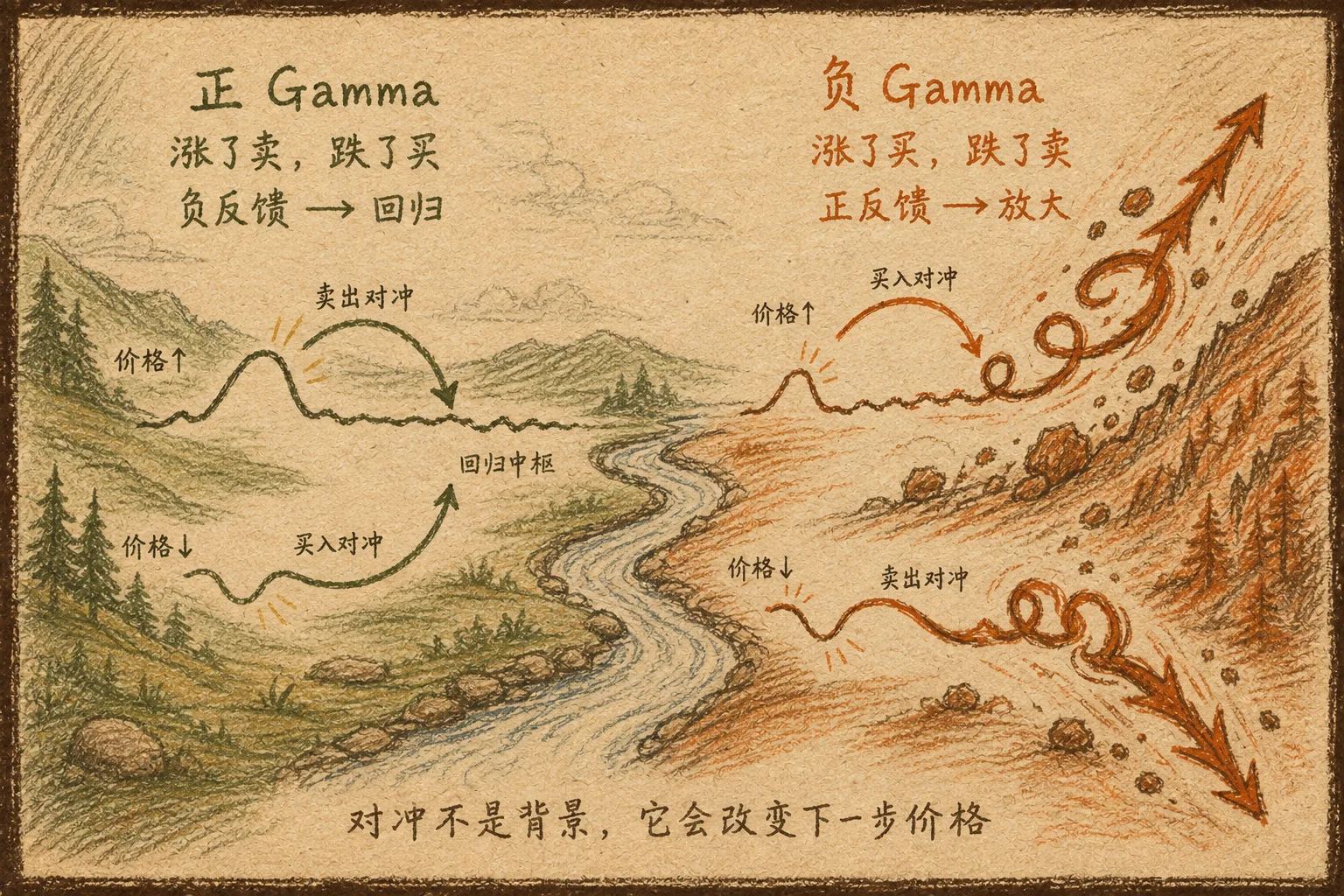 左右对照图展示正 Gamma 的负反馈与负 Gamma 的正反馈对冲路径