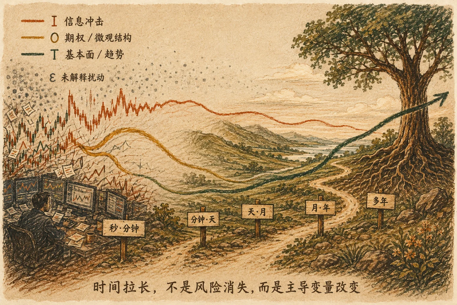 手绘坐标图展示基本面、信息冲击、期权微观结构和残差的解释力随持有时间迁移